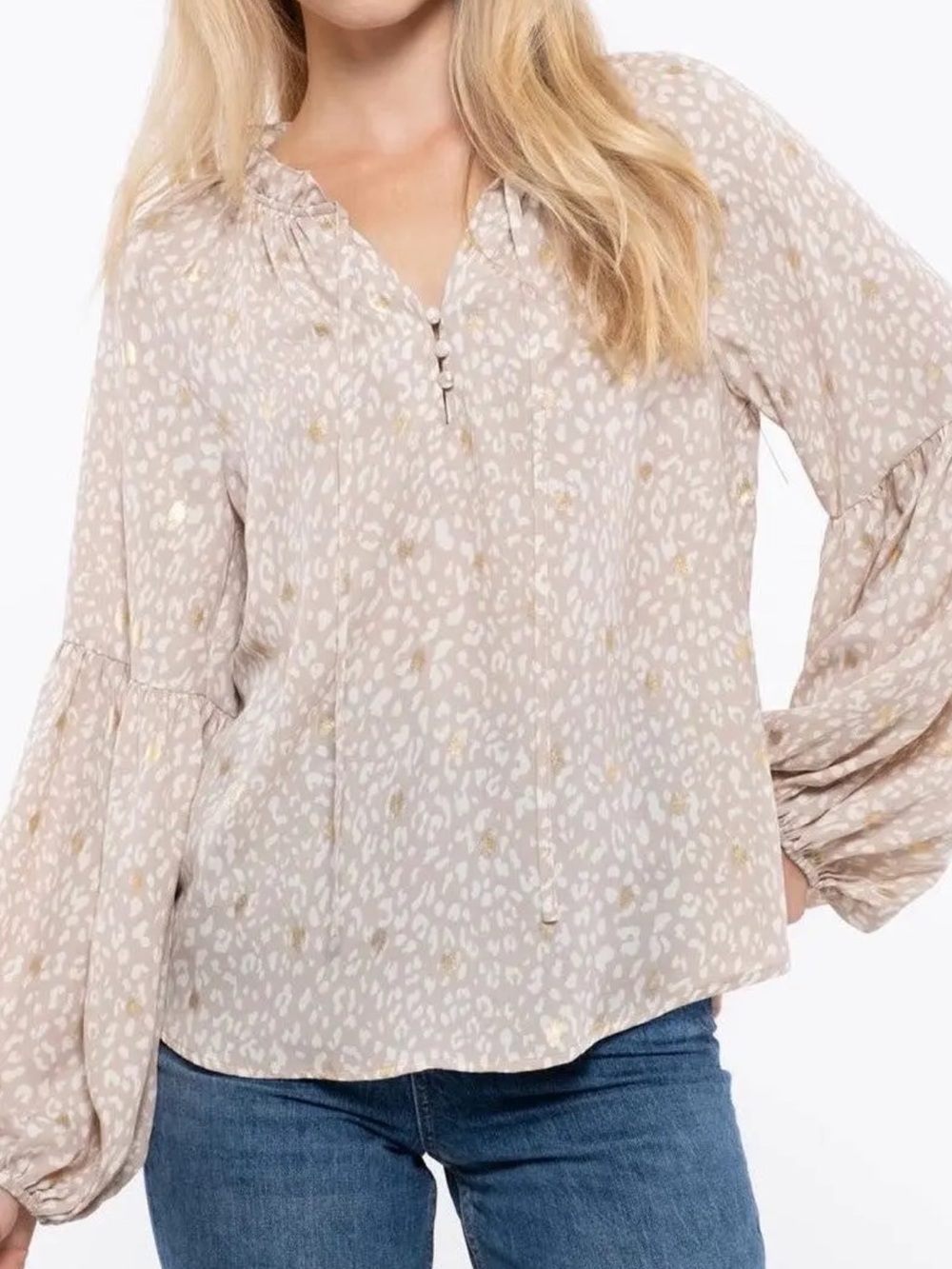 Blu Pepper Taupe and Cream Animal-Print Peasant Blouse with Ties